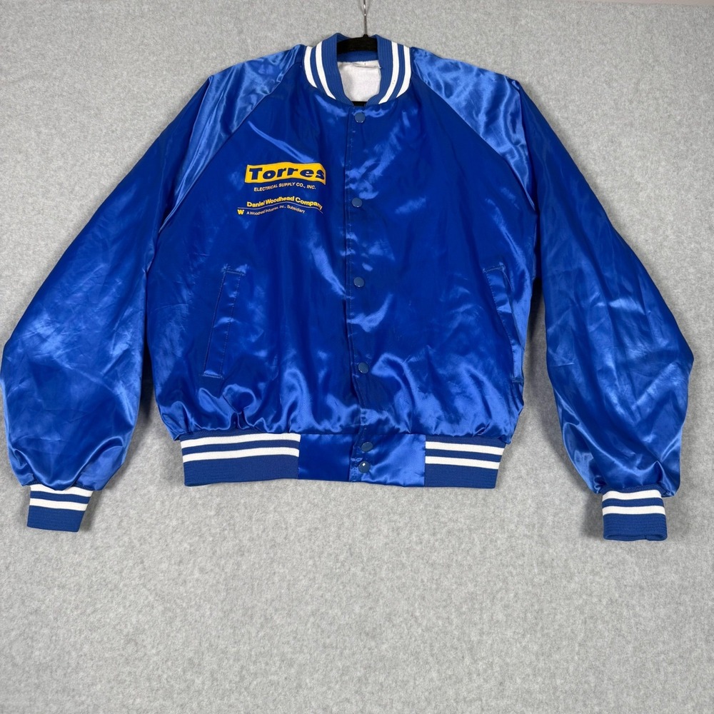 Vintage 70s Auburn Sportswear Blue Satin Varsity Bomber Jacket Mens Large USA